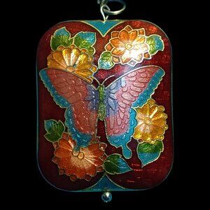Vintage Enamel Cloisonne Butterfly Floral Pendant Necklace 2"x1" Barrel Closure